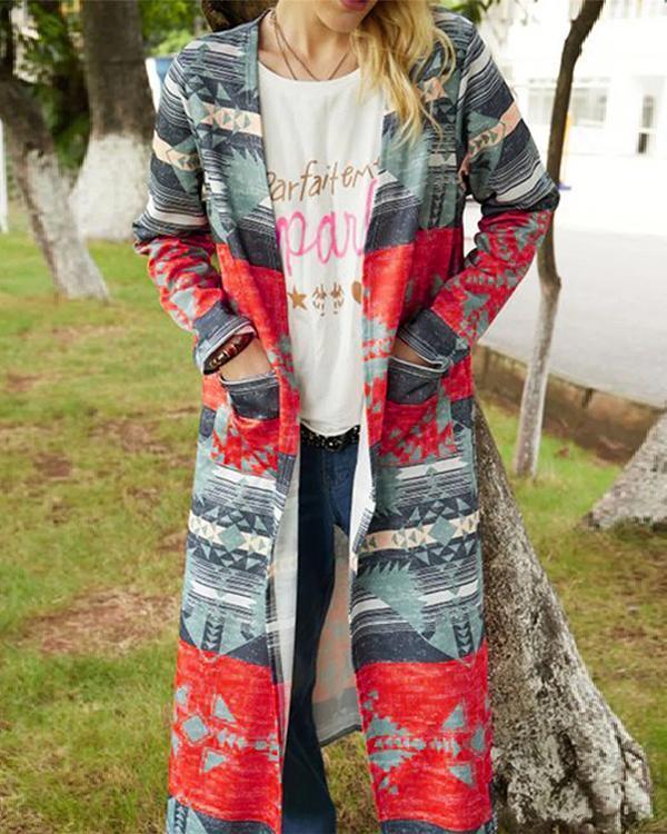 vintage geometric colorful long autumn fashion coat