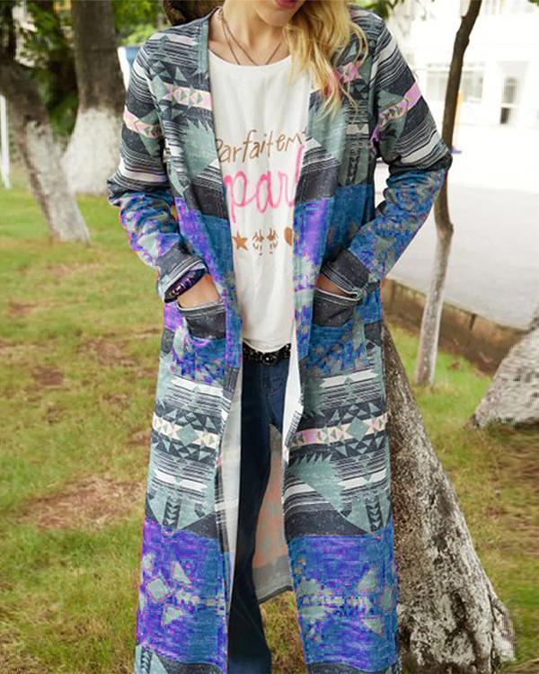 vintage geometric colorful long autumn fashion coat