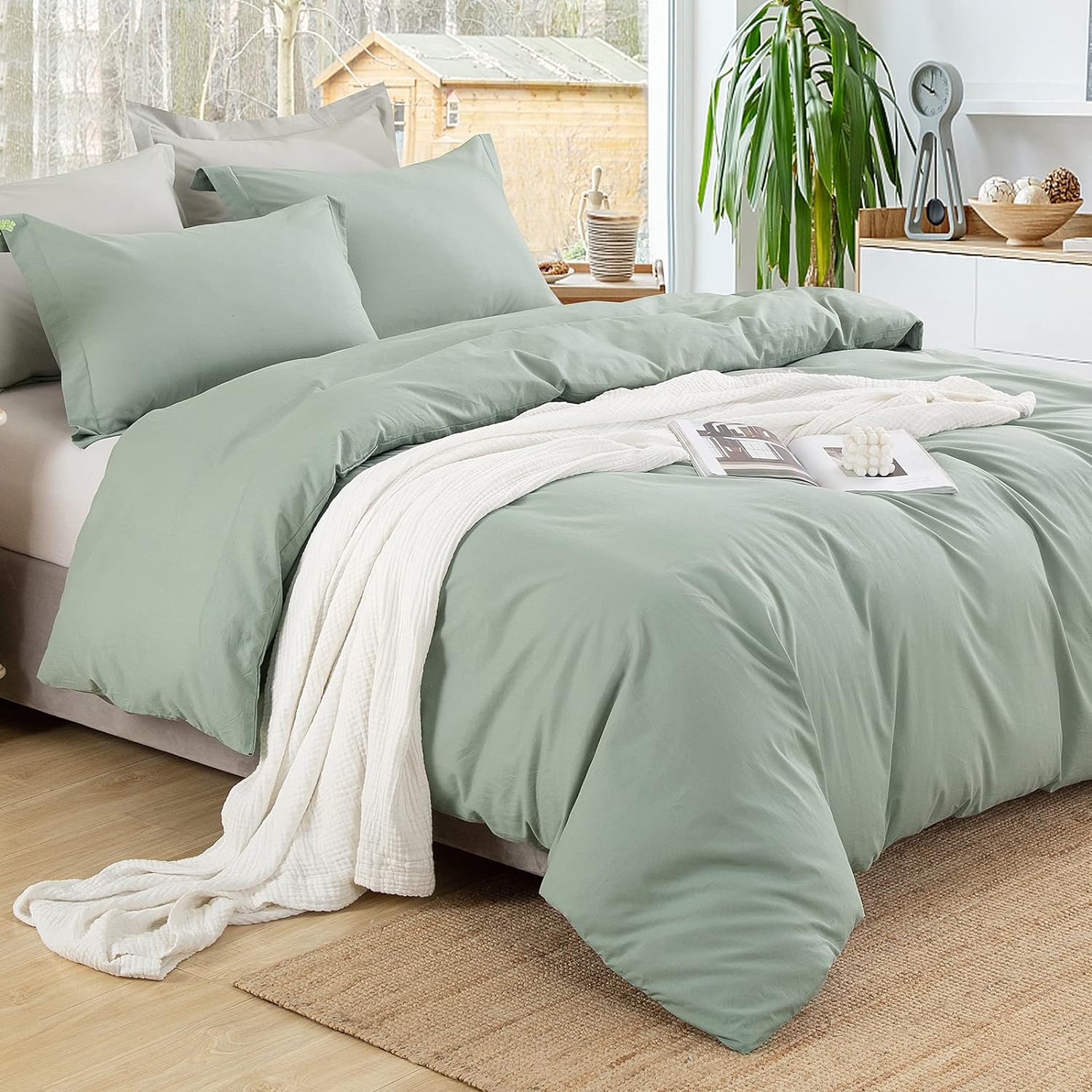 EMME Cotton Twin Duvet Cover Sage Green 2-Piece Soft Cotton Twin XL Comforter Cover Bedding Collection Solid Color Button Closure &amp; Corner Ties (Green, Twin/Twin XL)