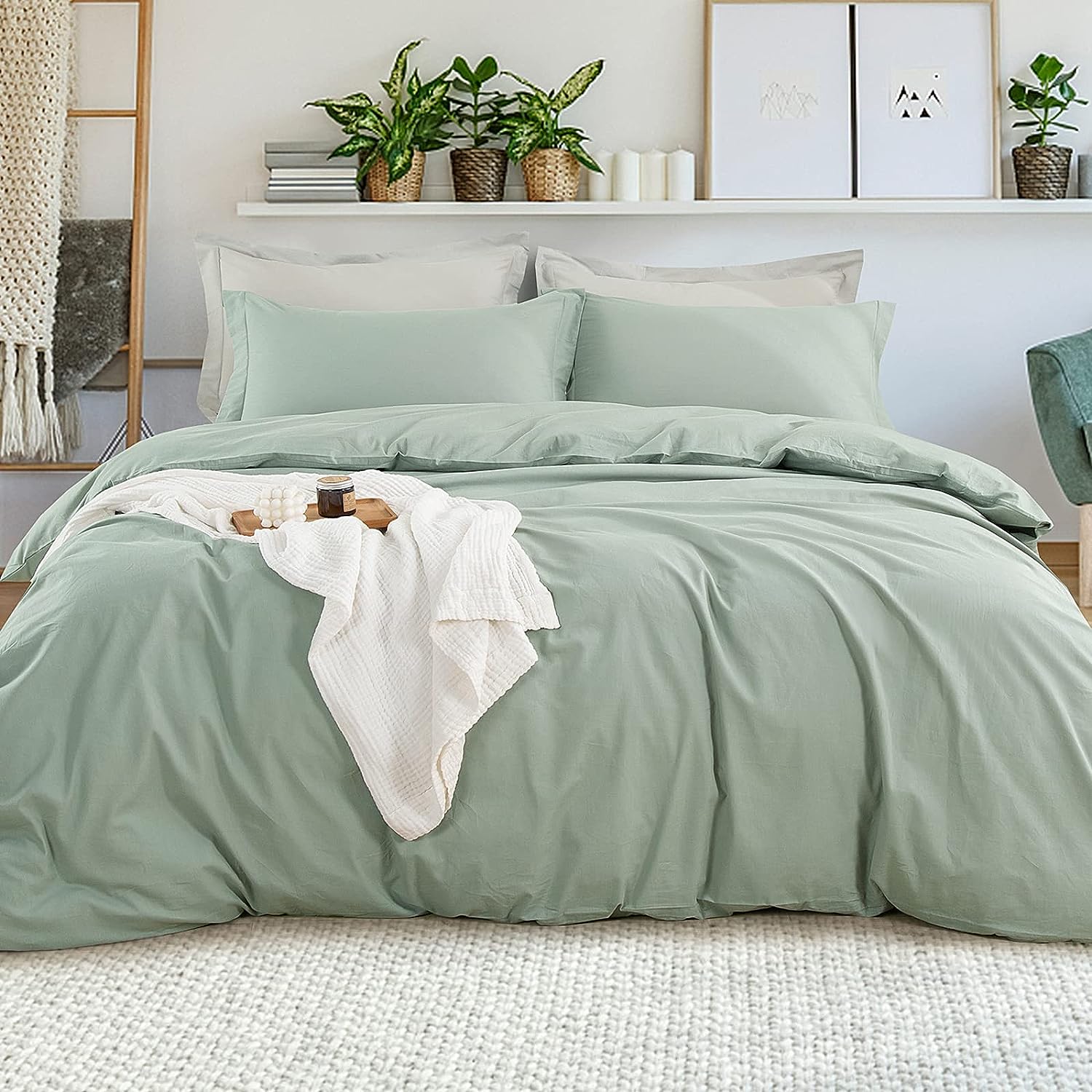 EMME Cotton Twin Duvet Cover Sage Green 2-Piece Soft Cotton Twin XL Comforter Cover Bedding Collection Solid Color Button Closure &amp; Corner Ties (Green, Twin/Twin XL)