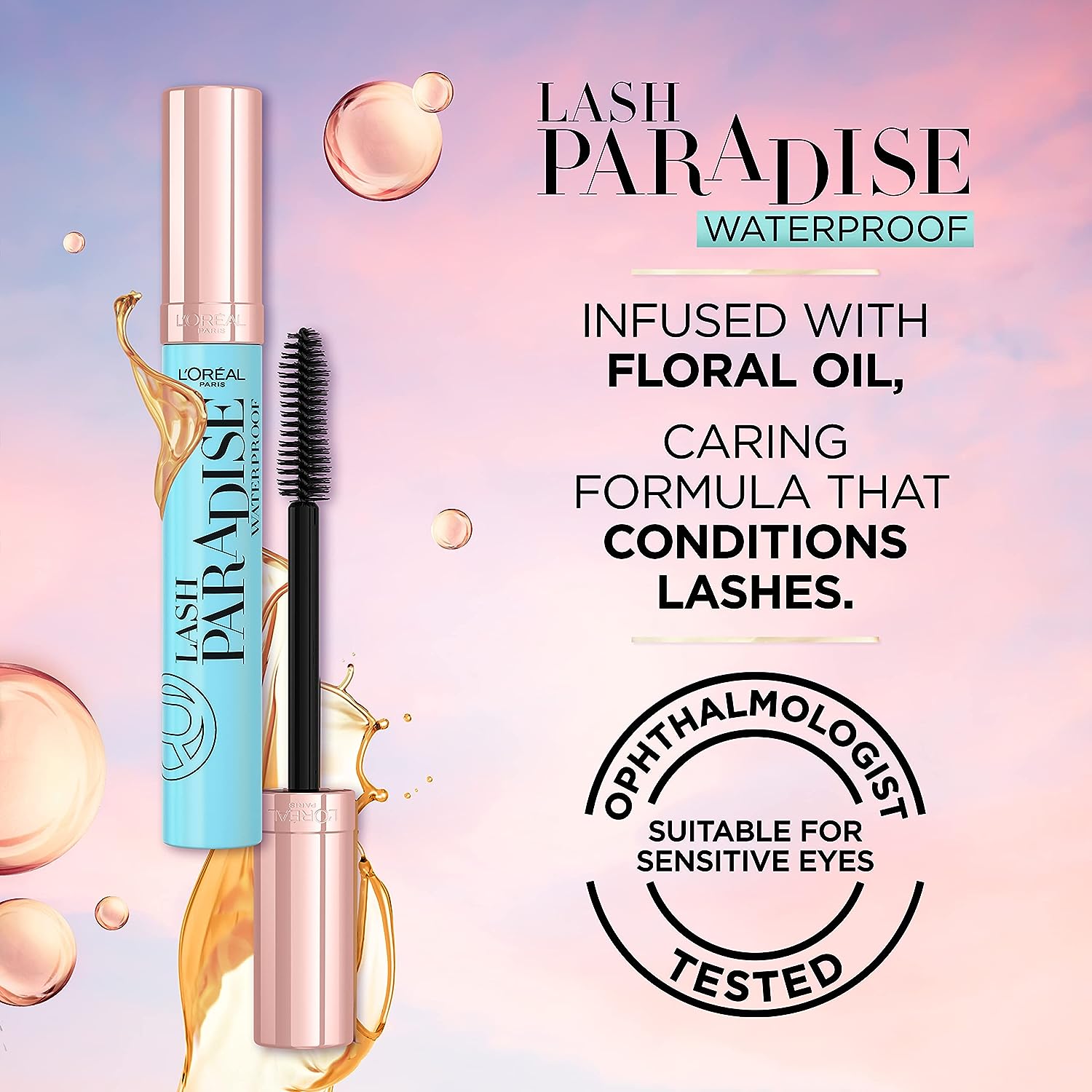L'Oreal Paris Voluminous Makeup Lash Paradise Waterproof Mascara, Voluptuous Volume, Intense Length, Feathery Soft Full Lashes, No Smudging, No Clumping, Black, 0.25 Fl Oz (Pack of 2)