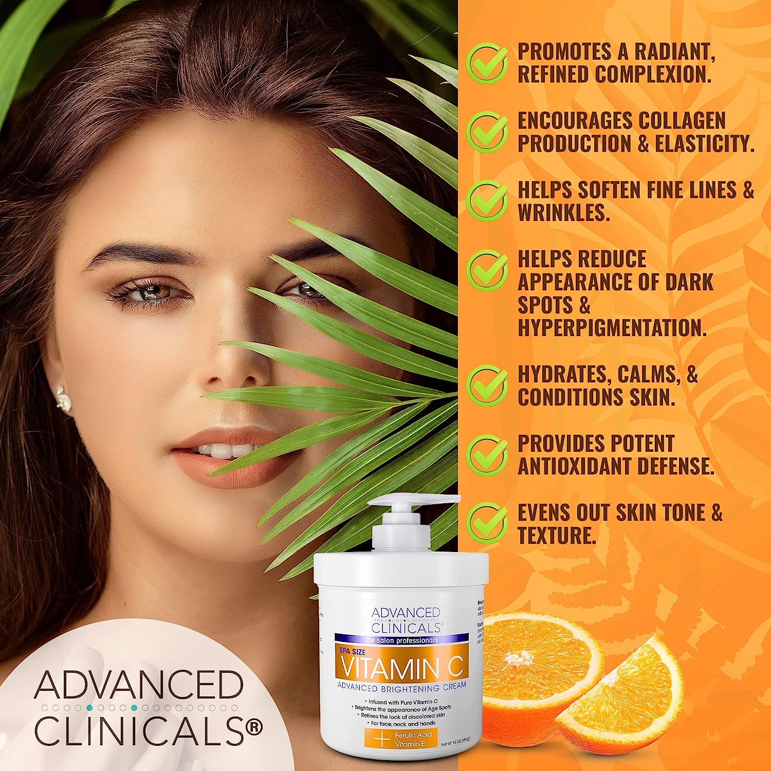 Advanced Clinicals Vitamin C Face &amp; Body Cream Moisturizing Skin Care Lotion, Anti Aging Vitamin C Skincare Moisturizer For Body, Face, Age Spots, Wrinkles, &amp; Sun Damaged Skin, Large 16oz (2-Pack)