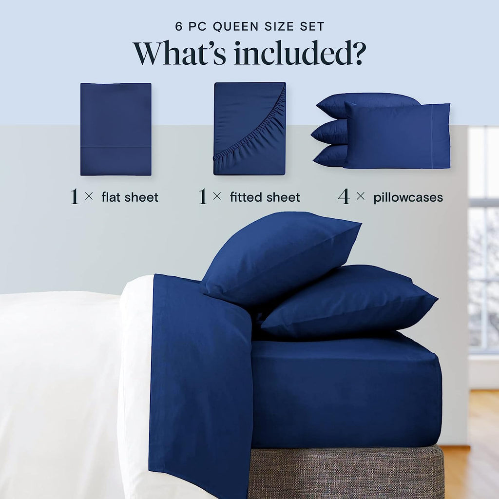 LuxClub 6 PC Queen Sheet Set Bamboo Sheets Deep Pockets 18" Eco Friendly Wrinkle Free Cooling Sheets Machine Washable Hotel Bedding Silky Soft - Navy Queen