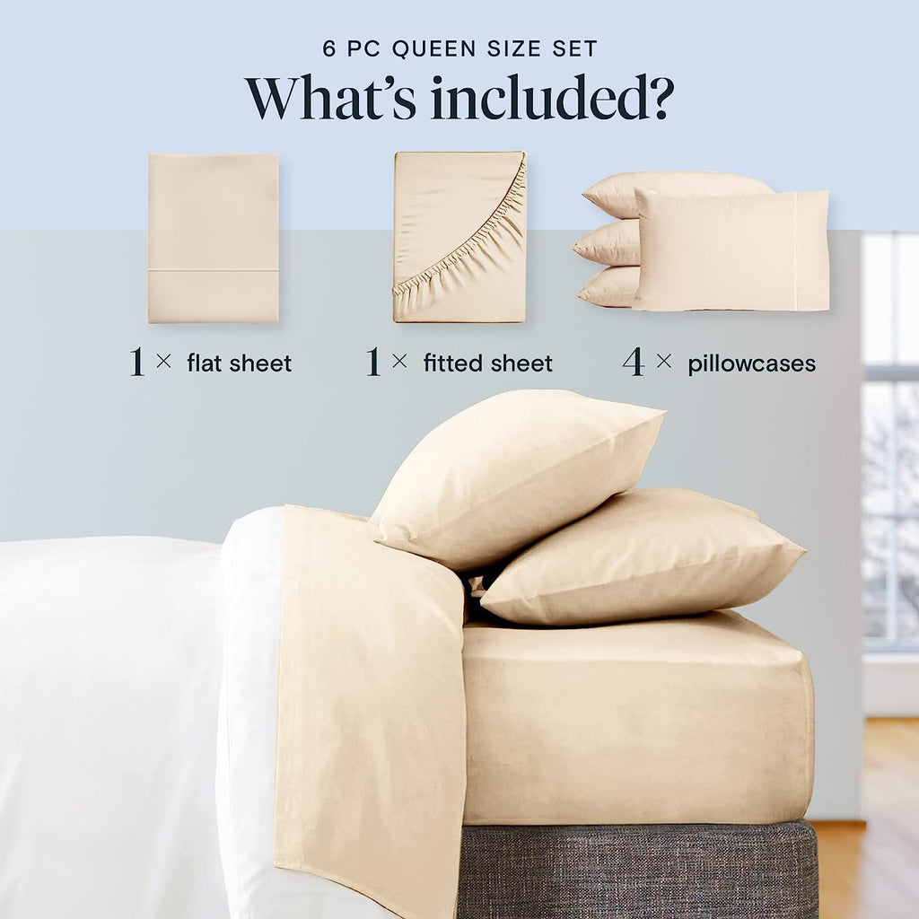 LuxClub 6 PC Queen Sheet Set Bamboo Sheets Deep Pockets 18" Eco Friendly Wrinkle Free Cooling Sheets Machine Washable Hotel Bedding Silky Soft - Cream Queen