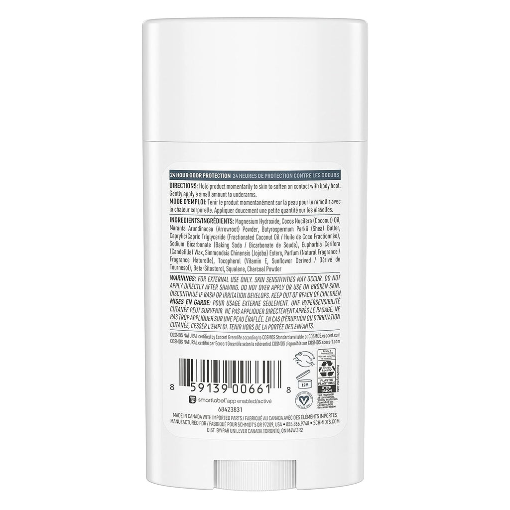 Schmidt's Aluminum Free Natural Deodorant for Women and Men, Charcoal &amp; Magnesium with 24 Hour Odor Protection, Certified Natural, Vegan, Fresh, 2.65 Oz, Pack of 2
