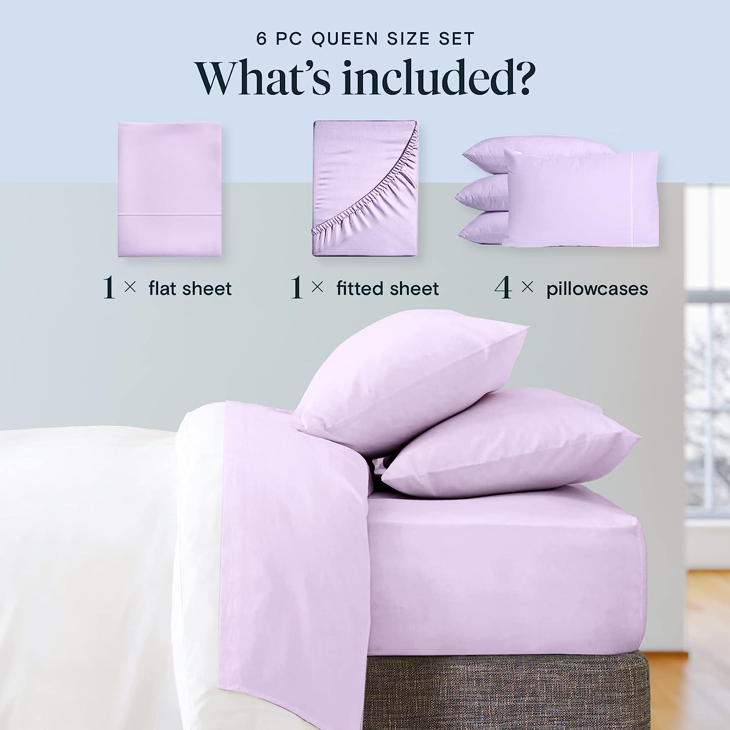 LuxClub 6 PC Queen Sheet Set Bamboo Sheets Deep Pockets 18" Eco Friendly Wrinkle Free Cooling Sheets Machine Washable Hotel Bedding Silky Soft - Lavender Queen
