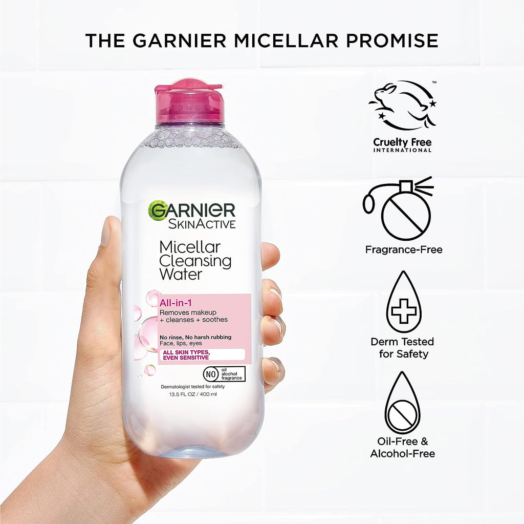 Garnier SkinActive Micellar Water for All Skin Types, Facial Cleanser &amp; Makeup Remover, 13.5 Fl Oz (400mL), 1 Count (Packaging May Vary)