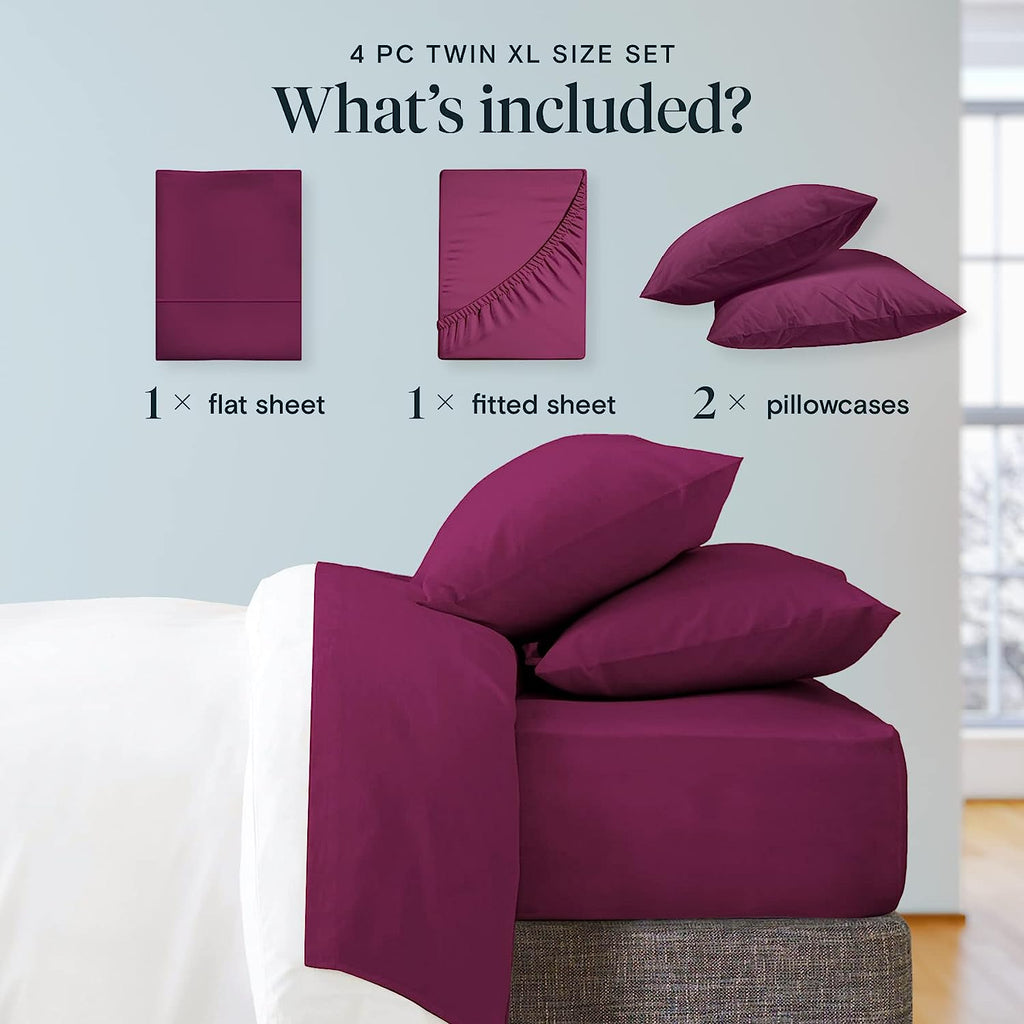 LuxClub Twin XL Sheets Set - Soft Twin Bed Sheets for Boys and Girls, 4 PC Deep Pockets 18" Eco Friendly Wrinkle Free Kids Fitted Sheets Machine Washable Hotel Bedding Silky Soft - Eggplant Twin XL