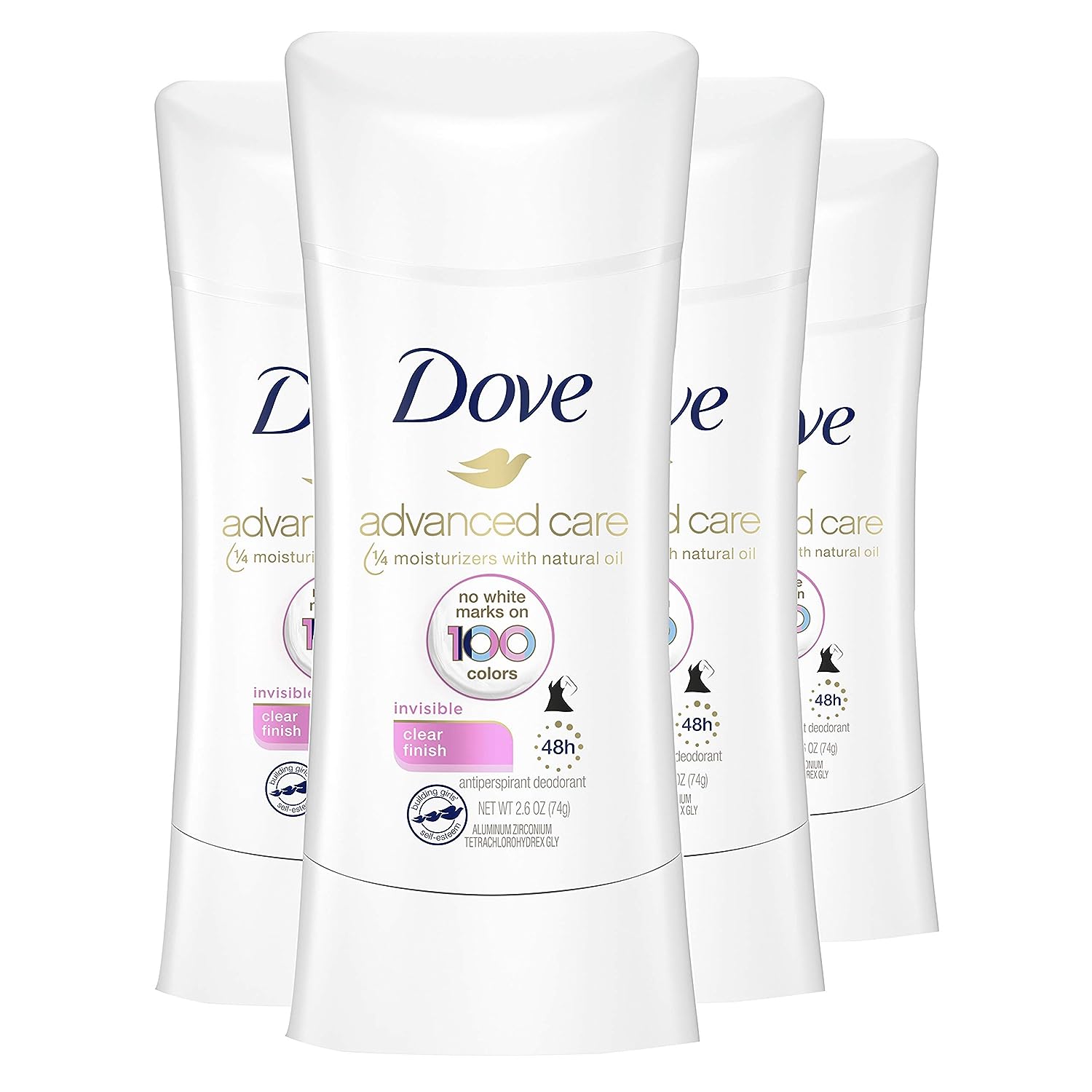 Dove Antiperspirant Deodorant Stick No White Marks on 100 Colors Clear Finish 48-Hour Sweat and Odor Protecting Deodorant for Women, 2.6 Ounce (Pack of 4)