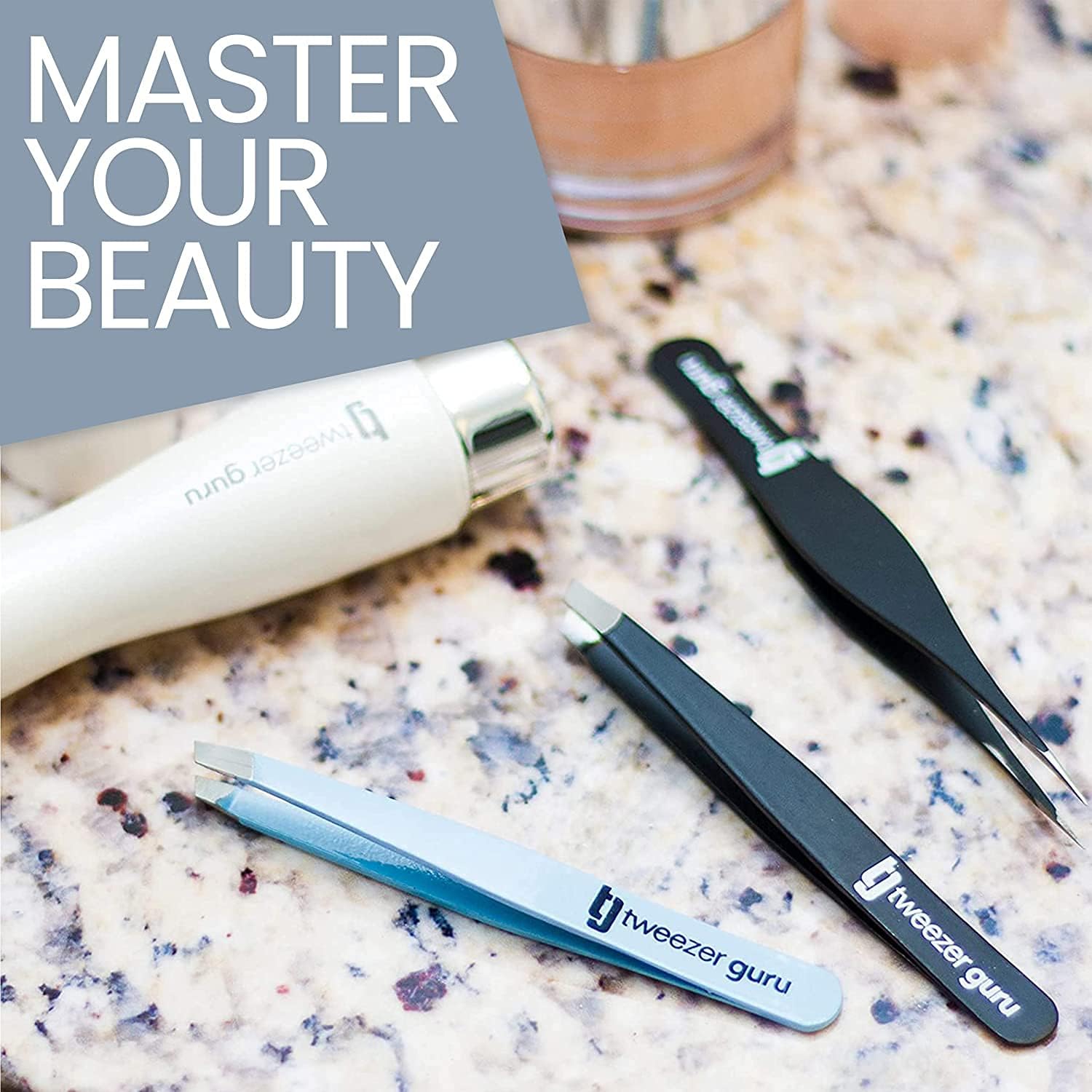 Tweezer Guru Tweezers for Women - 2pc Slant Pointed Precision Tweezers for Eyebrows &amp; Ingrown Hair Removal - Blackhead and Splinter Tweezer with Sharp Needle Nose Point for Plucking (Black)