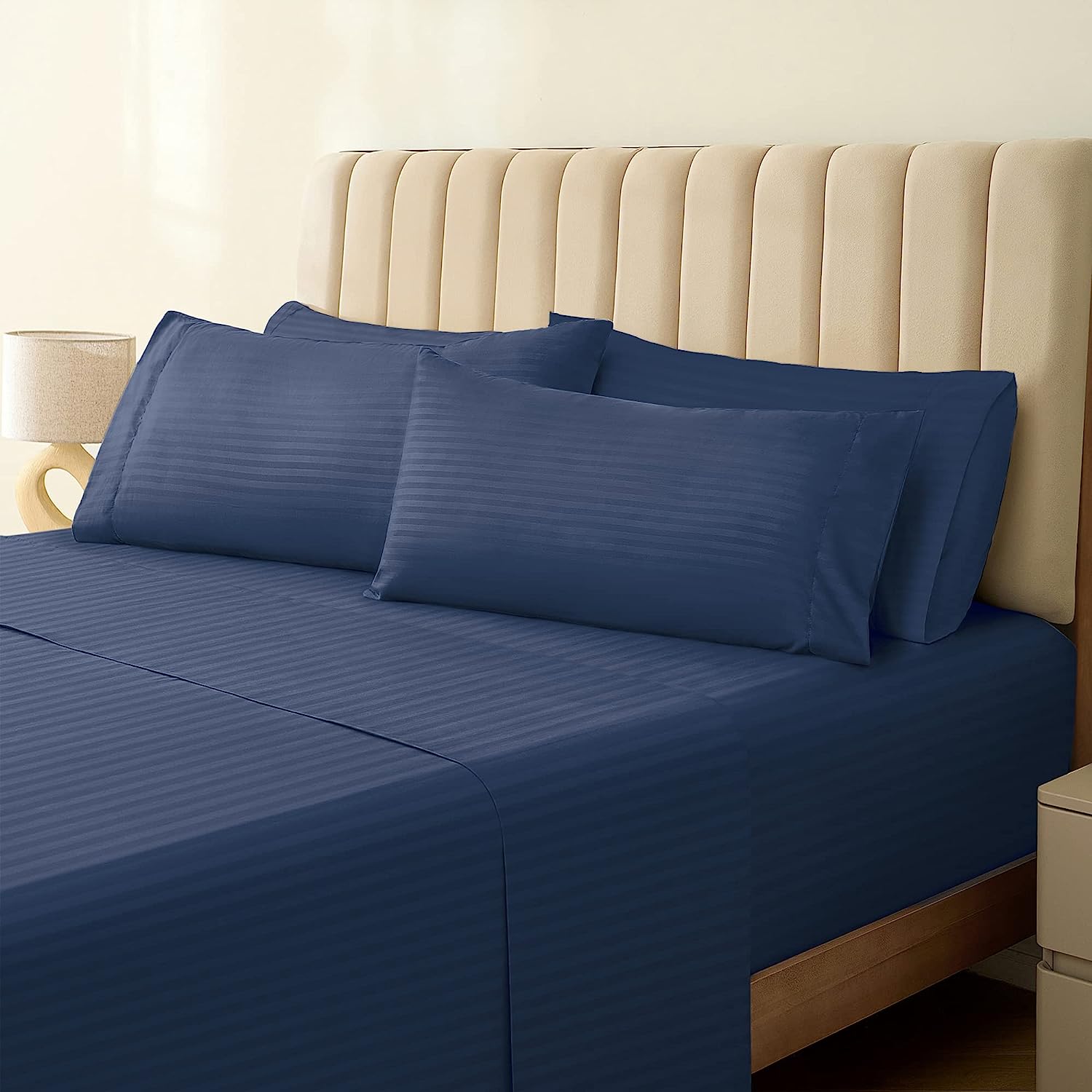 LuxClub Striped Sheets Set, 6 PC Striped Bed Sheets Full Size, Deep Pockets 18" Eco Friendly Wrinkle Free Cooling Sheets Machine Washable Hotel Bedding Silky Soft (Full, Striped Navy)