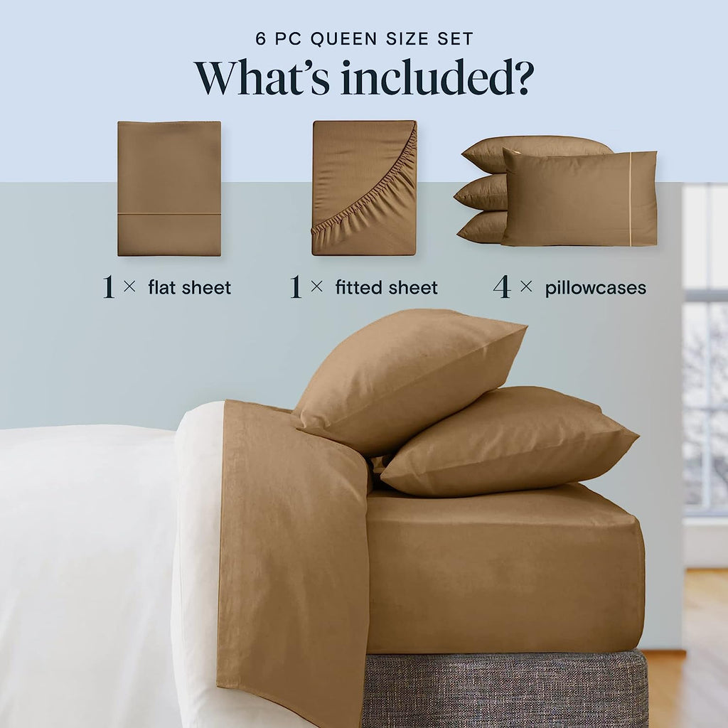 LuxClub 6 PC California King Size Sheet Set Bamboo Sheets Deep Pockets 18" Eco Friendly Wrinkle Free Cooling Sheets Machine Washable Hotel Bedding Silky Soft - Dark Khaki California King