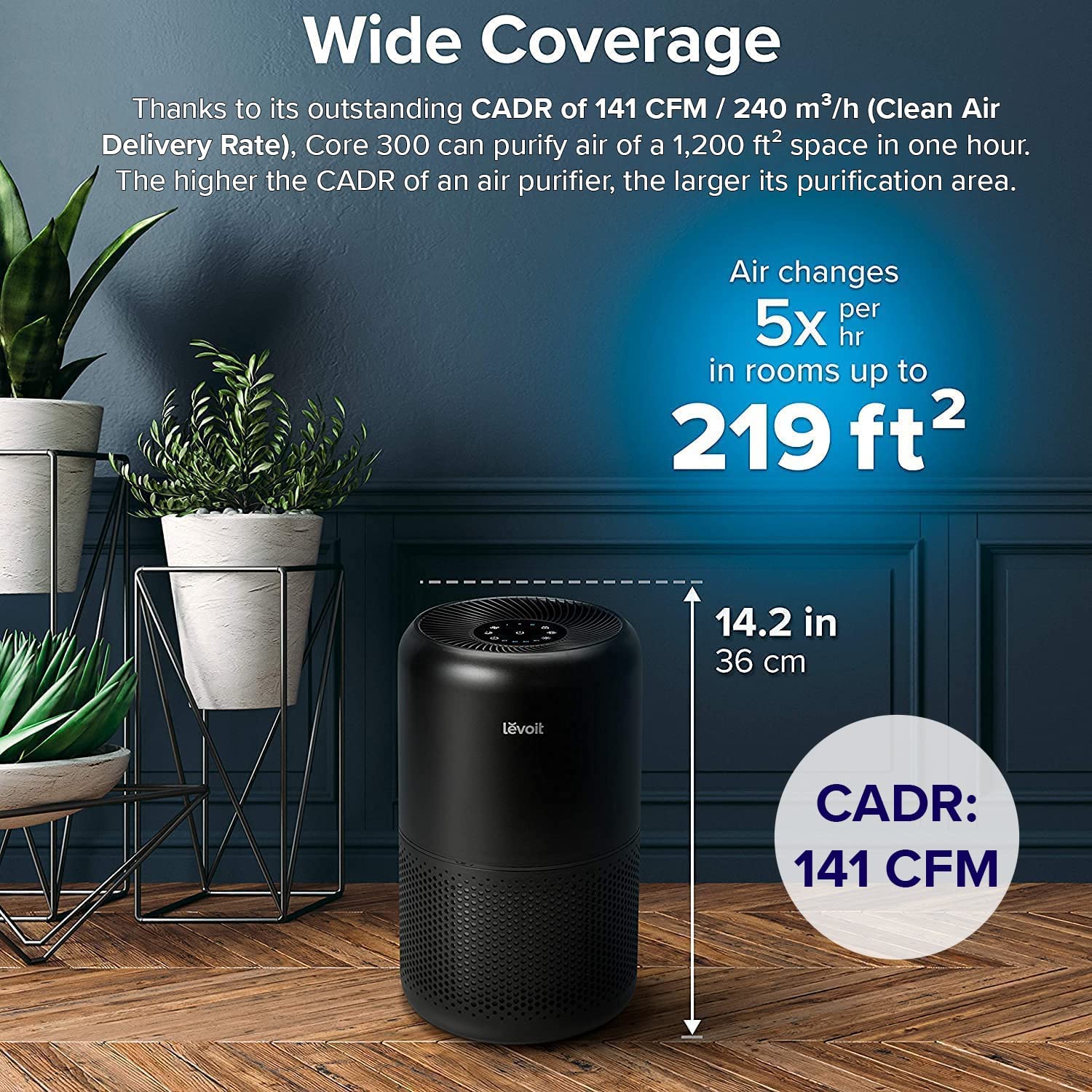 LEVOIT Air Purifier for Home Allergies Pets Hair in Bedroom, HEPA Filter, Covers Up to 1095 Sq.Foot Powered by 33W High Torque Motor, Remove Dust Smoke Pollutants, 0.3 Microns, Core 300, Black
