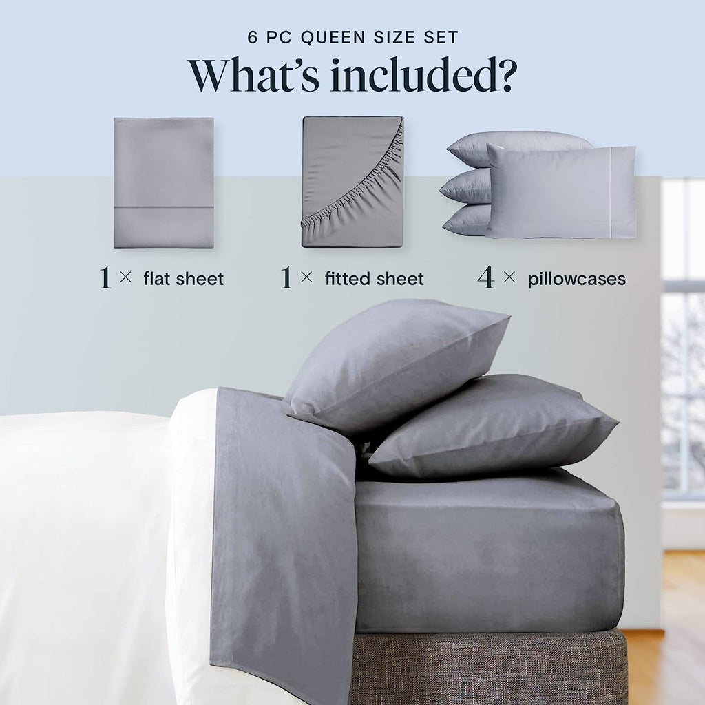 LuxClub 6 PC King Size Sheet Set Bamboo Sheets Deep Pockets 18" Eco Friendly Wrinkle Free Cooling Sheets Machine Washable Hotel Bedding Silky Soft - Light Grey King