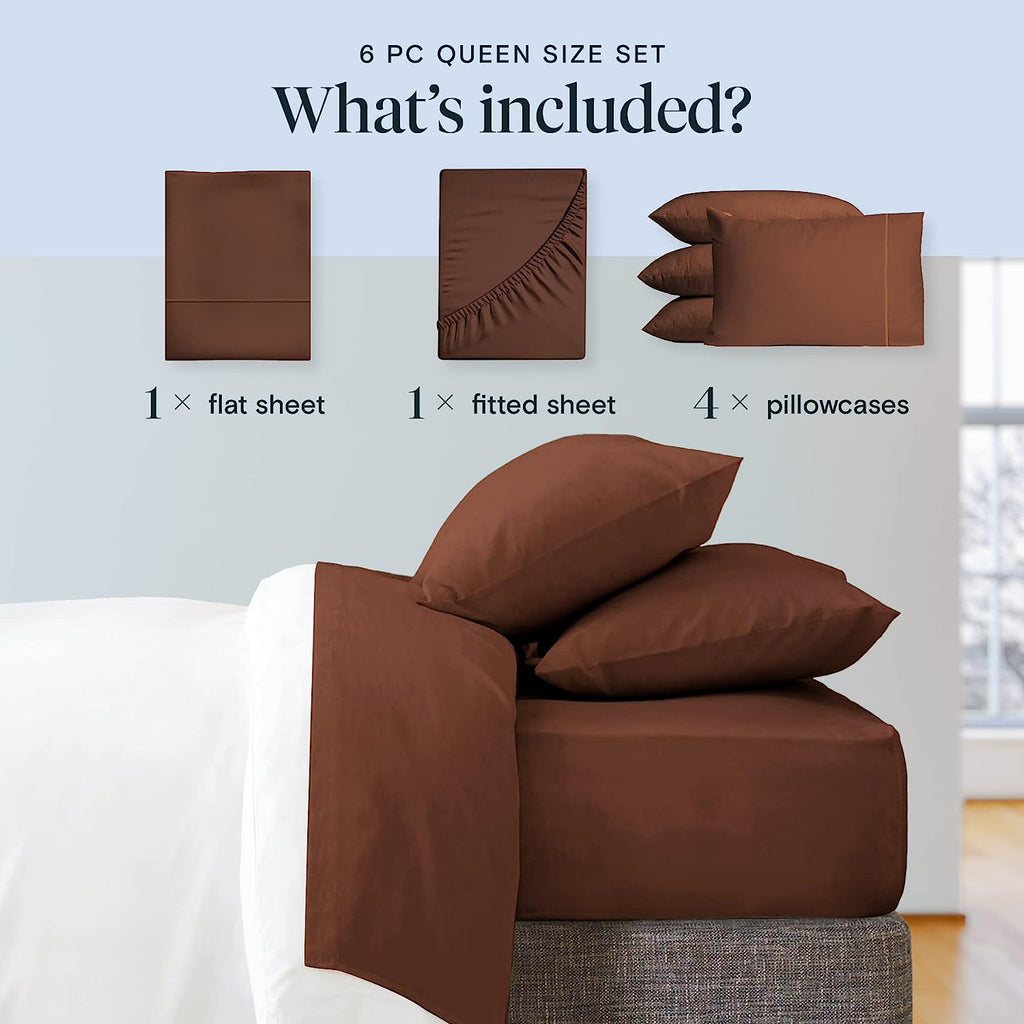 LuxClub 6 PC Queen Sheet Set Bamboo Sheets Deep Pockets 18" Eco Friendly Wrinkle Free Cooling Sheets Machine Washable Hotel Bedding Silky Soft - Brown Queen