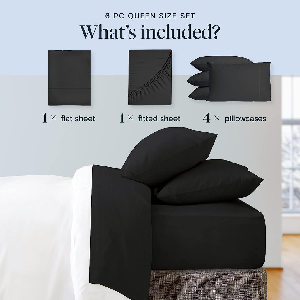 LuxClub 6 PC Queen Sheet Set Bamboo Sheets Deep Pockets 18" Eco Friendly Wrinkle Free Cooling Sheets Machine Washable Hotel Bedding Silky Soft - Black Queen