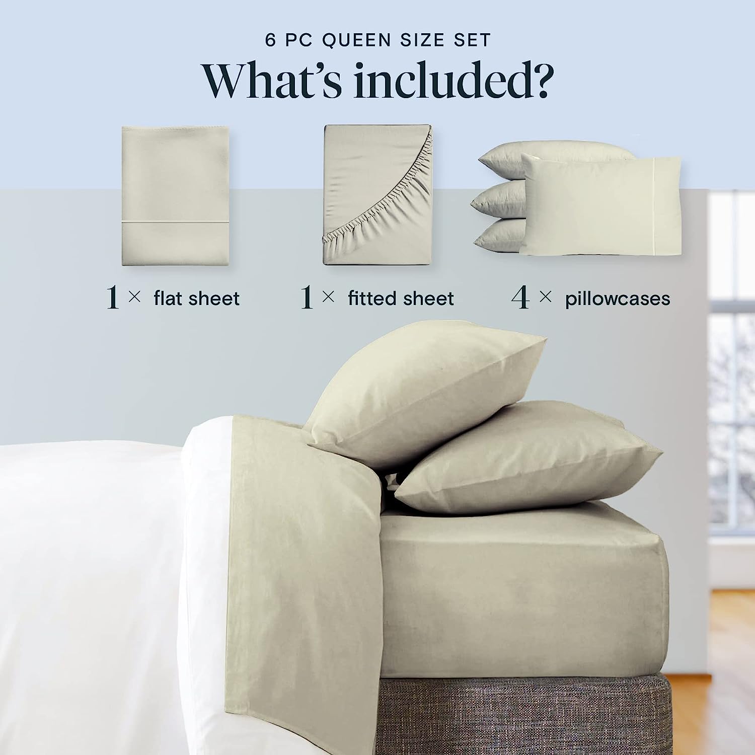 LuxClub 6 PC King Size Sheet Set Bamboo Sheets Deep Pockets 18" Eco Friendly Wrinkle Free Cooling Sheets Machine Washable Hotel Bedding Silky Soft - Light Taupe King