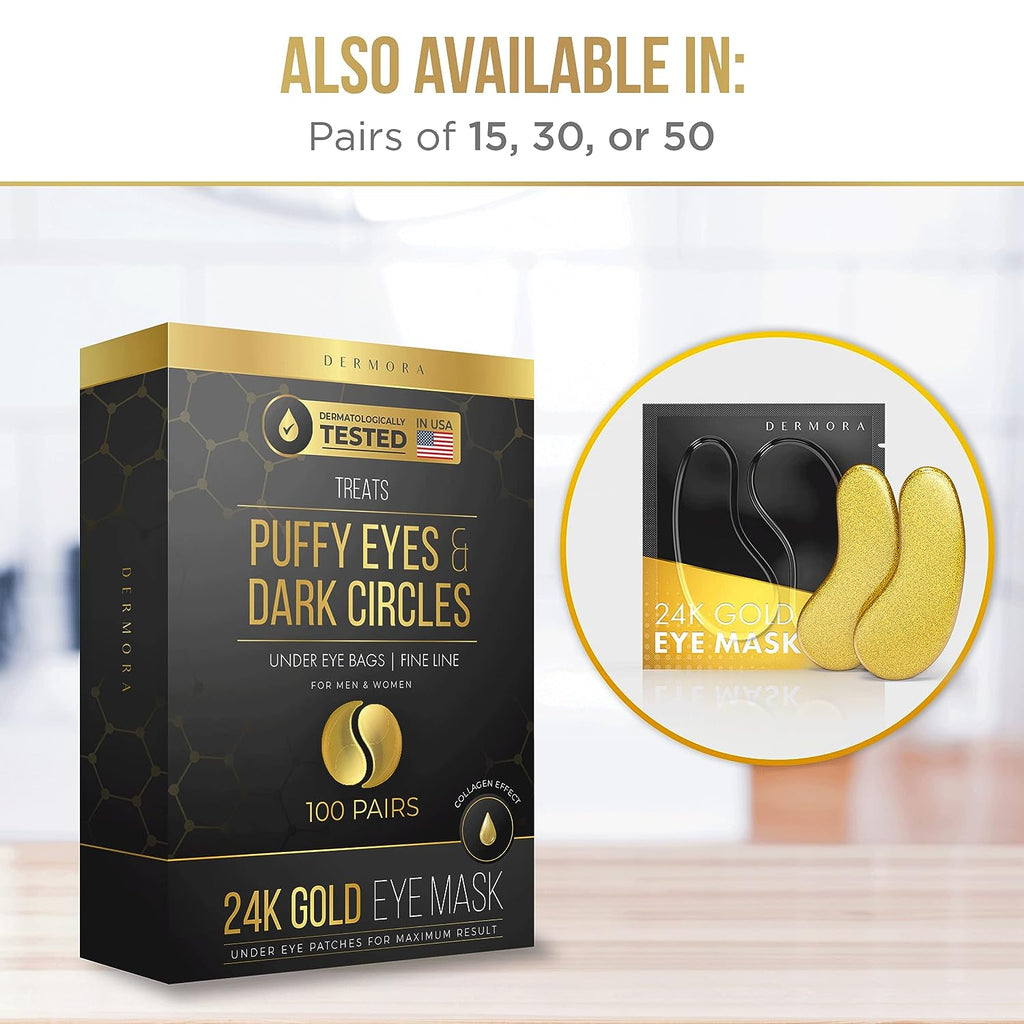 DERMORA Skin Treatment Mask 24K Gold Eye Mask - 100 Pairs Eye Gels - Rejuvenating Treatment for Revitalizing,Dark Cirlce,Puffiness,Refresh,Travel,Wrinkles (100 Pairs)