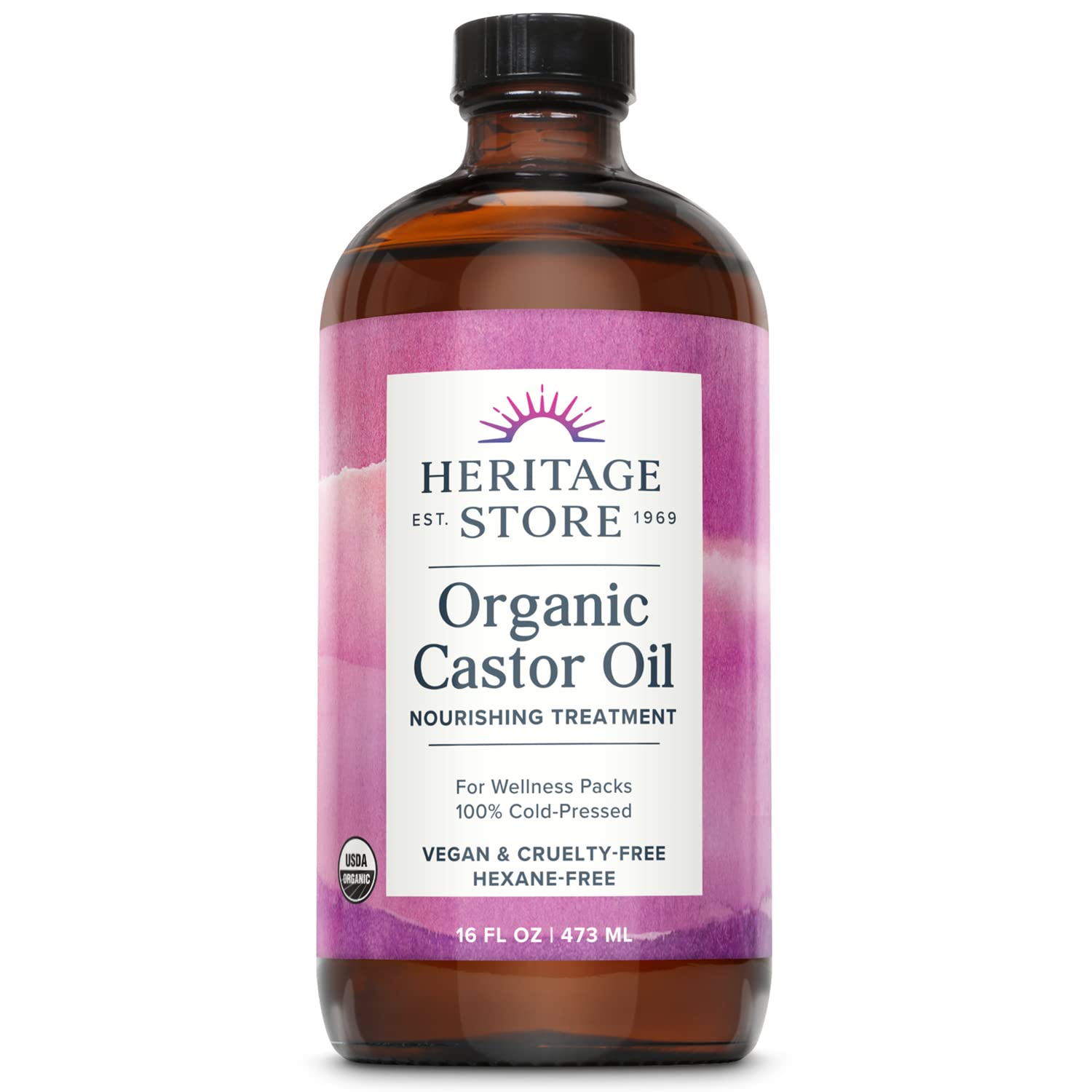 Heritage Store Organic Castor Oil, Nourishing Hair Treatment, Deep Hydration for Healthy Hair Care, Skin Care, Eyelashes &amp; Brows, Castor Oil Packs, Cold Pressed, Hexane Free, Vegan, Cruelty Free, Glass Bottle, 16oz