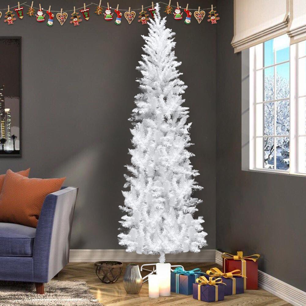 Pre-lit Artificial Christmas Trees, BTMWAY 7.5 Ft Pencil Slim Christmas Trees with Lights, 1050 Branch Tips, Metal Base, White, R240