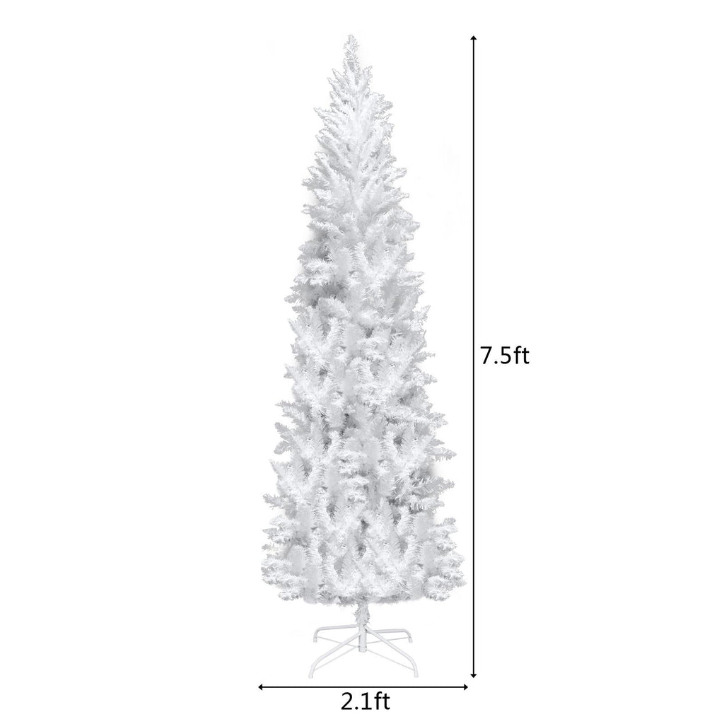 Pre-lit Artificial Christmas Trees, BTMWAY 7.5 Ft Pencil Slim Christmas Trees with Lights, 1050 Branch Tips, Metal Base, White, R240