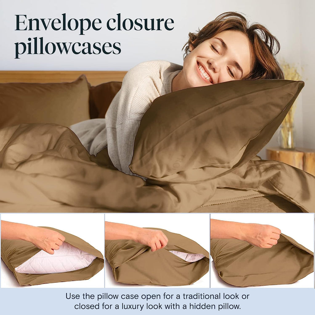 LuxClub 7 PC Split King Sheet Set Bamboo Sheets Deep Pockets 18" Eco Friendly Wrinkle Free Cooling Sheets Machine Washable Hotel Bedding Silky Soft - Dark Khaki Split King