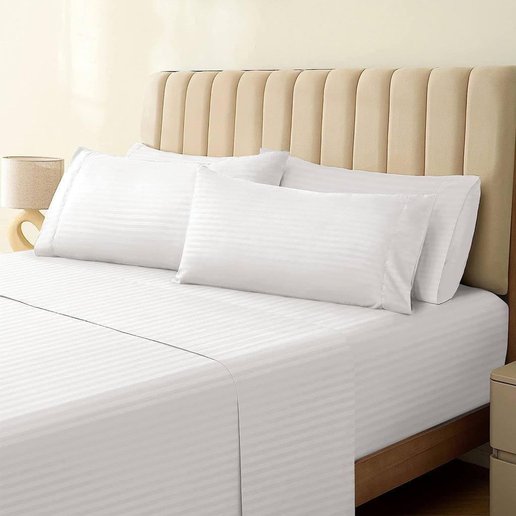 LuxClub Striped Sheets Set, 6 PC Striped Bed Sheets Full Size, Deep Pockets 18" Eco Friendly Wrinkle Free Cooling Sheets Machine Washable Hotel Bedding Silky Soft (Full, Striped White)