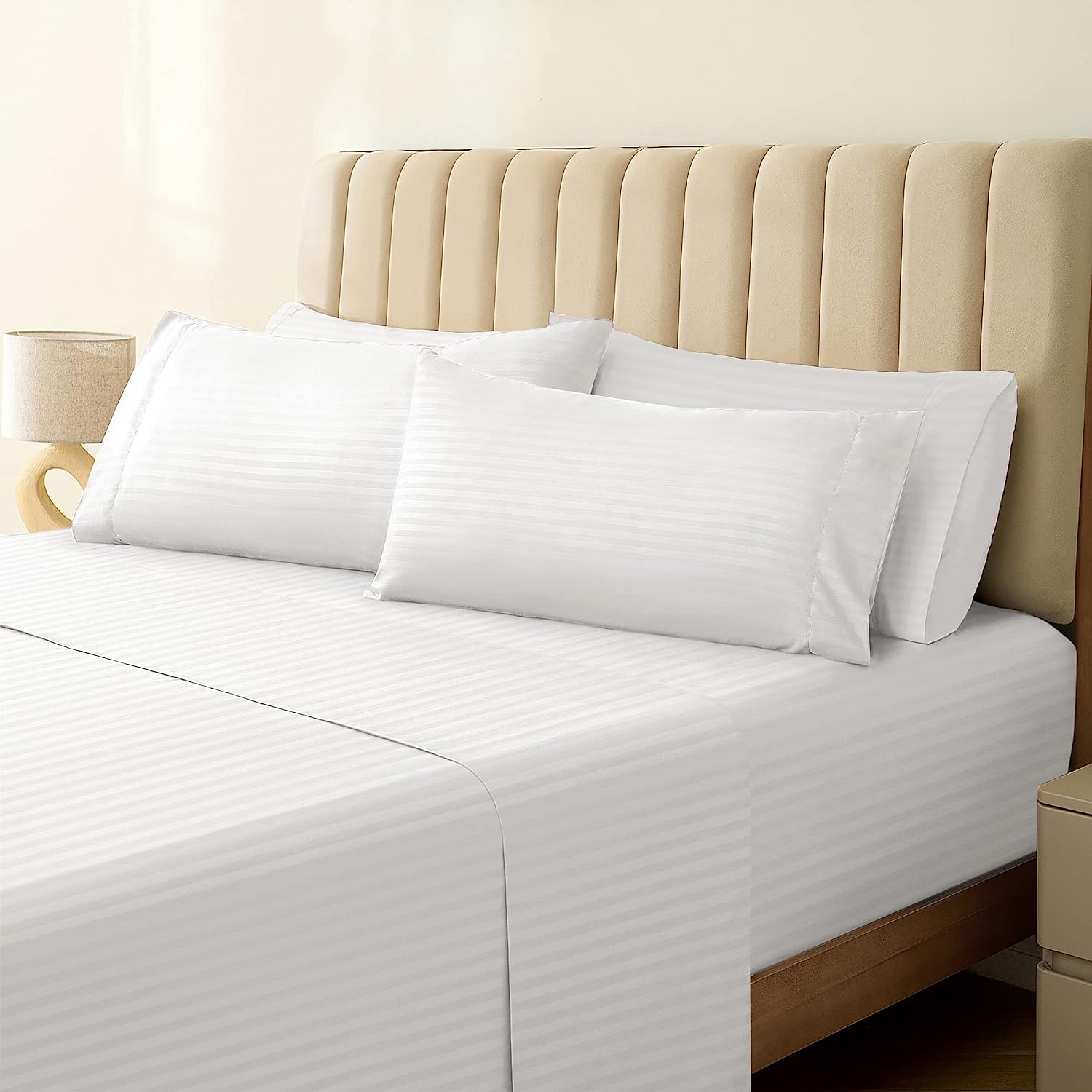 LuxClub Striped Sheets Set, 6 PC Striped Bed Sheets Full Size, Deep Pockets 18" Eco Friendly Wrinkle Free Cooling Sheets Machine Washable Hotel Bedding Silky Soft (Full, Striped White)