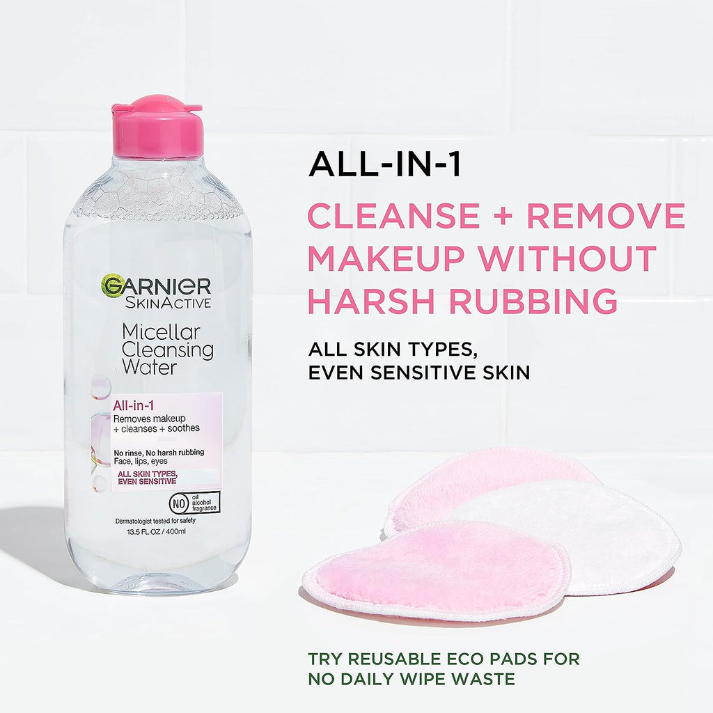 Garnier SkinActive Micellar Water for All Skin Types, Facial Cleanser &amp; Makeup Remover, 13.5 Fl Oz (400mL), 2 Count (Packaging May Vary)