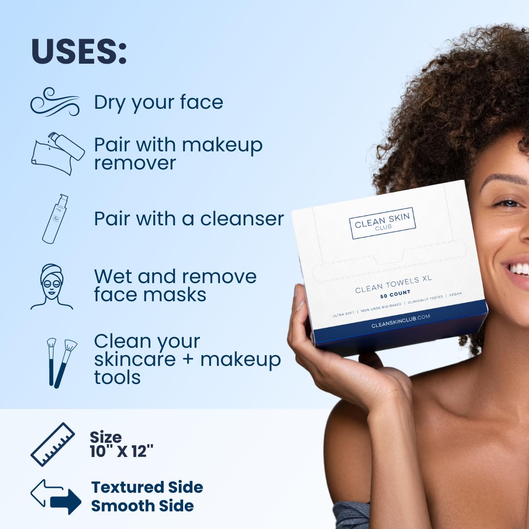 Clean Skin Club Clean Towels XL, USDA Certified 100‪%‬ Biobased Dermatologist Approved Face Towel, Disposable Face Towelette, Facial Washcloth, Makeup Remover Dry Wipes, Ultra Soft, 150 count, 3 pack