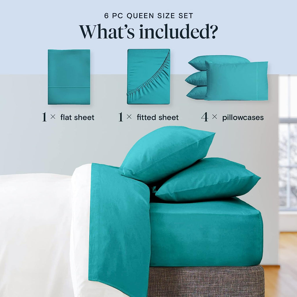 LuxClub 6 PC Queen Sheet Set Bamboo Sheets Deep Pockets 18" Eco Friendly Wrinkle Free Cooling Sheets Machine Washable Hotel Bedding Silky Soft - Teal Queen