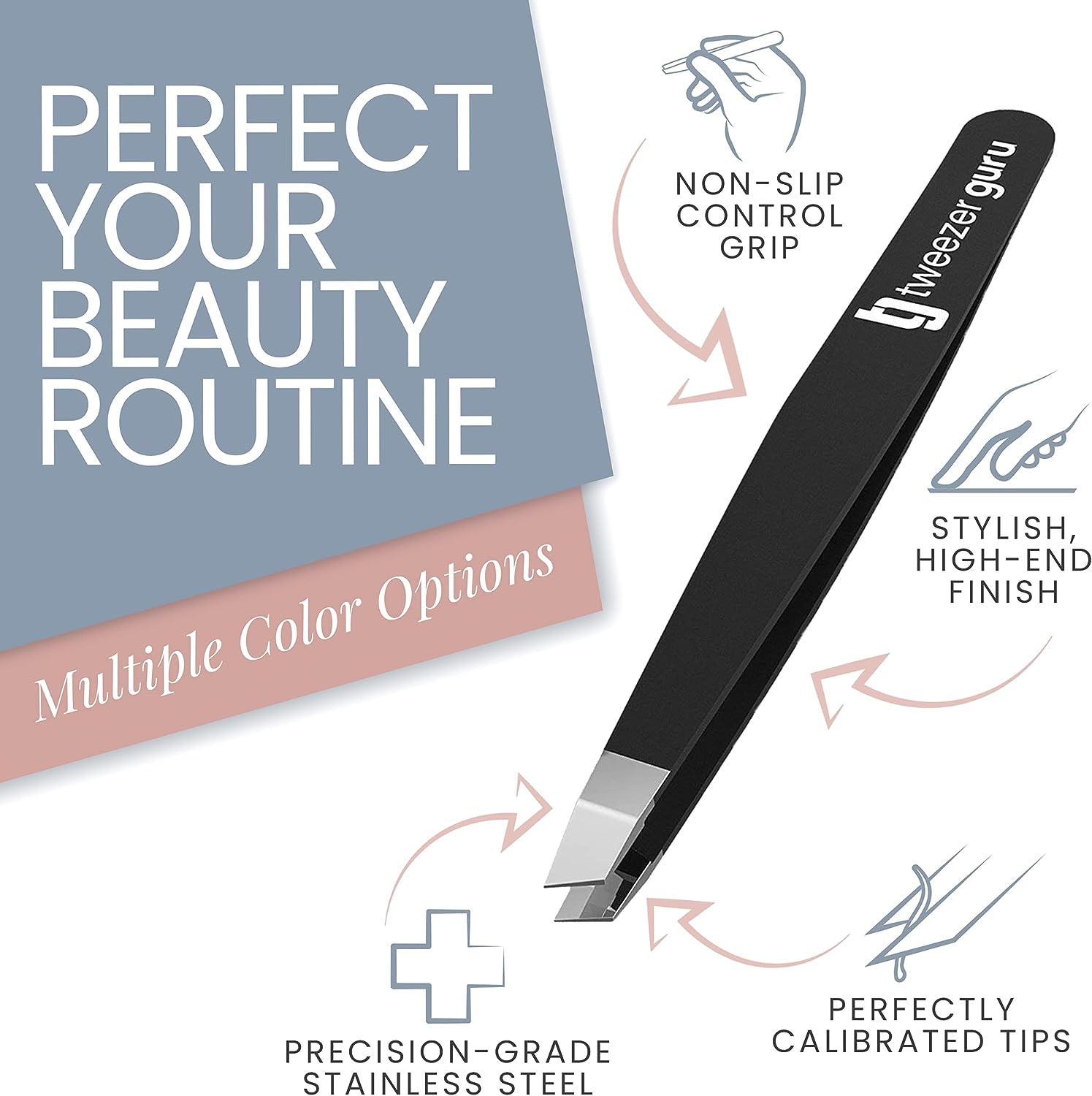Tweezer Guru Tweezers for Eyebrows - 2 Pack Slant Tip Professional Stainless Steel Eyebrow Tweezers for Women &amp; Men - Great Precision on Brow, Facial Hair &amp; Ingrown Hair (Classic Pink and Black)