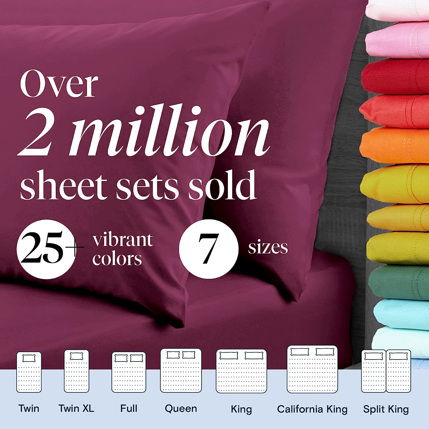 LuxClub 7 PC Split King Sheet Set Bamboo Sheets Deep Pockets 18" Eco Friendly Wrinkle Free Cooling Sheets Machine Washable Hotel Bedding Silky Soft - Eggplant Split King