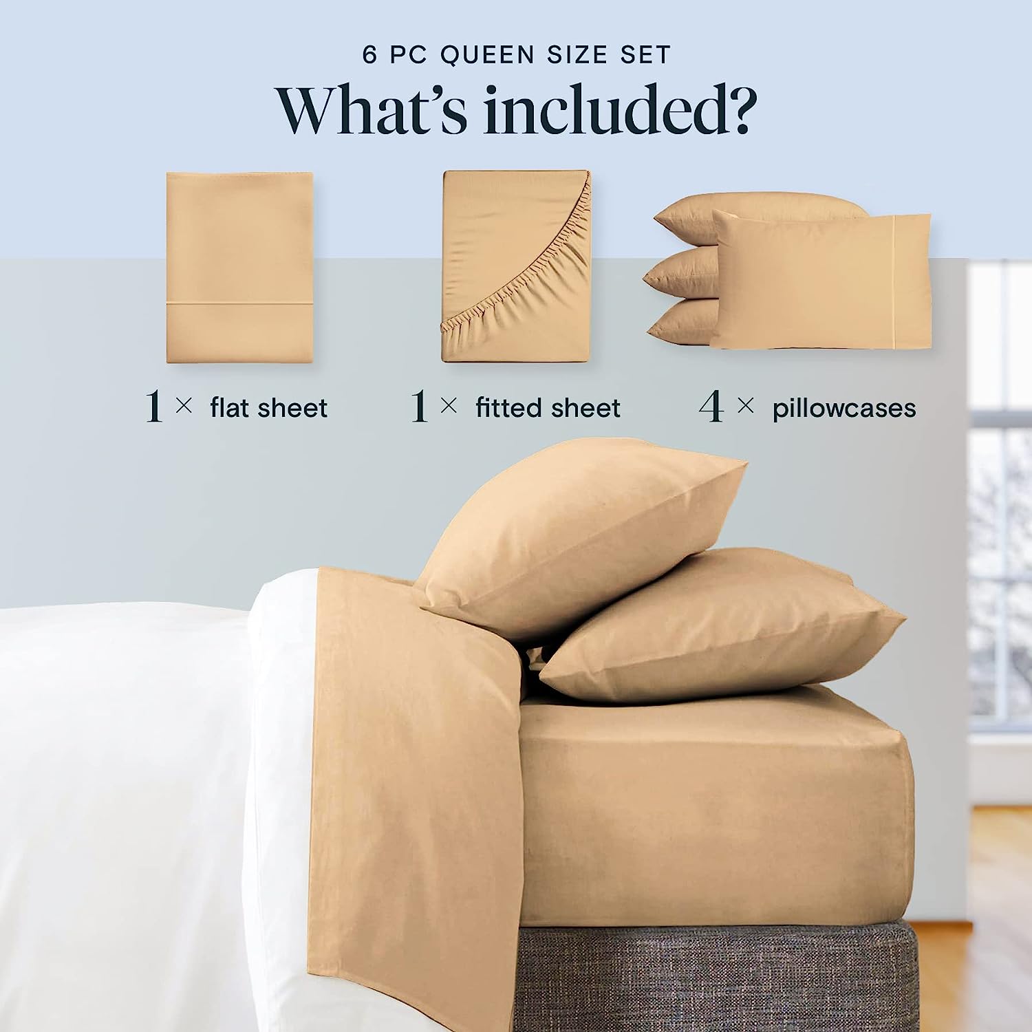 LuxClub 6 PC Queen Sheet Set Bamboo Sheets Deep Pockets 18" Eco Friendly Wrinkle Free Cooling Sheets Machine Washable Hotel Bedding Silky Soft - Mocha Queen