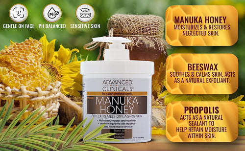 Advanced Clinicals Manuka Honey Cream Face Moisturizer &amp; Body Butter Lotion For Dry Skin | Firming &amp; Hydrating Miracle Balm Skin Care Moisturizing Lotion For Women, Wrinkles, &amp; Sun Damaged Skin, 16Oz