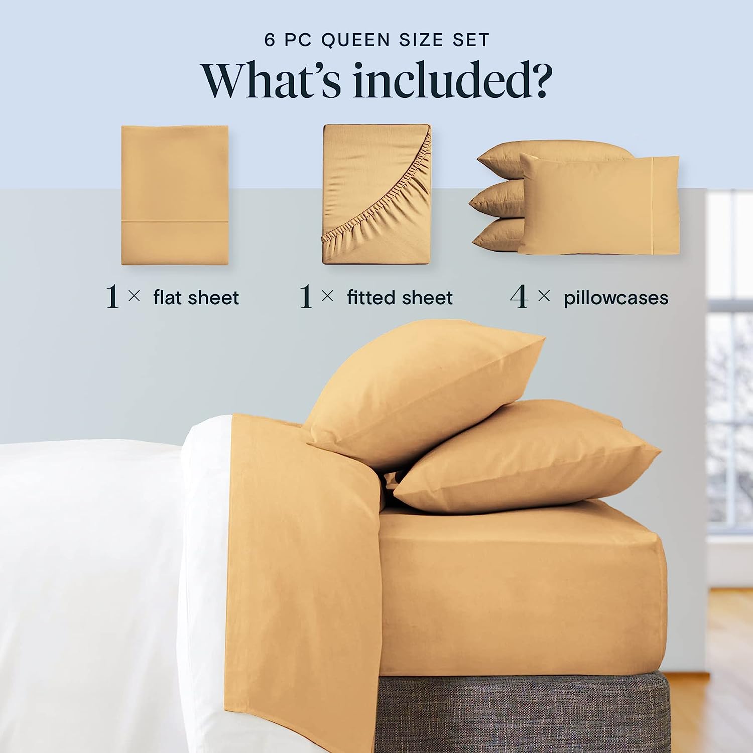 LuxClub 6 PC Full Size Sheet Set Bamboo Sheets Deep Pockets 18" Eco Friendly Wrinkle Free Cooling Sheets Machine Washable Hotel Bedding Silky Soft - Gold Full