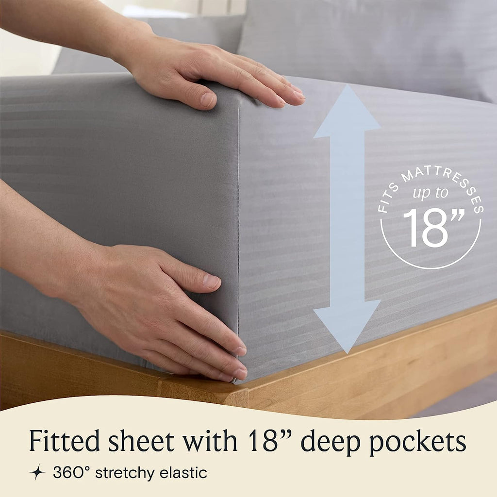 LuxClub King Size Striped Sheets Set, 6 PC Striped Bed Sheets, Deep Pockets 18" Eco Friendly Wrinkle Free Cooling Sheets Machine Washable Hotel Bedding Silky Soft (King, Striped Light Grey)