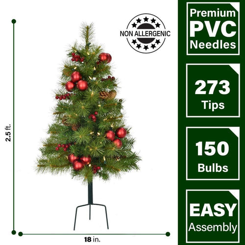 30 in. Christmas Joyful Walkway Trees with Led Lights, Pinecones, Berries and Ornaments
