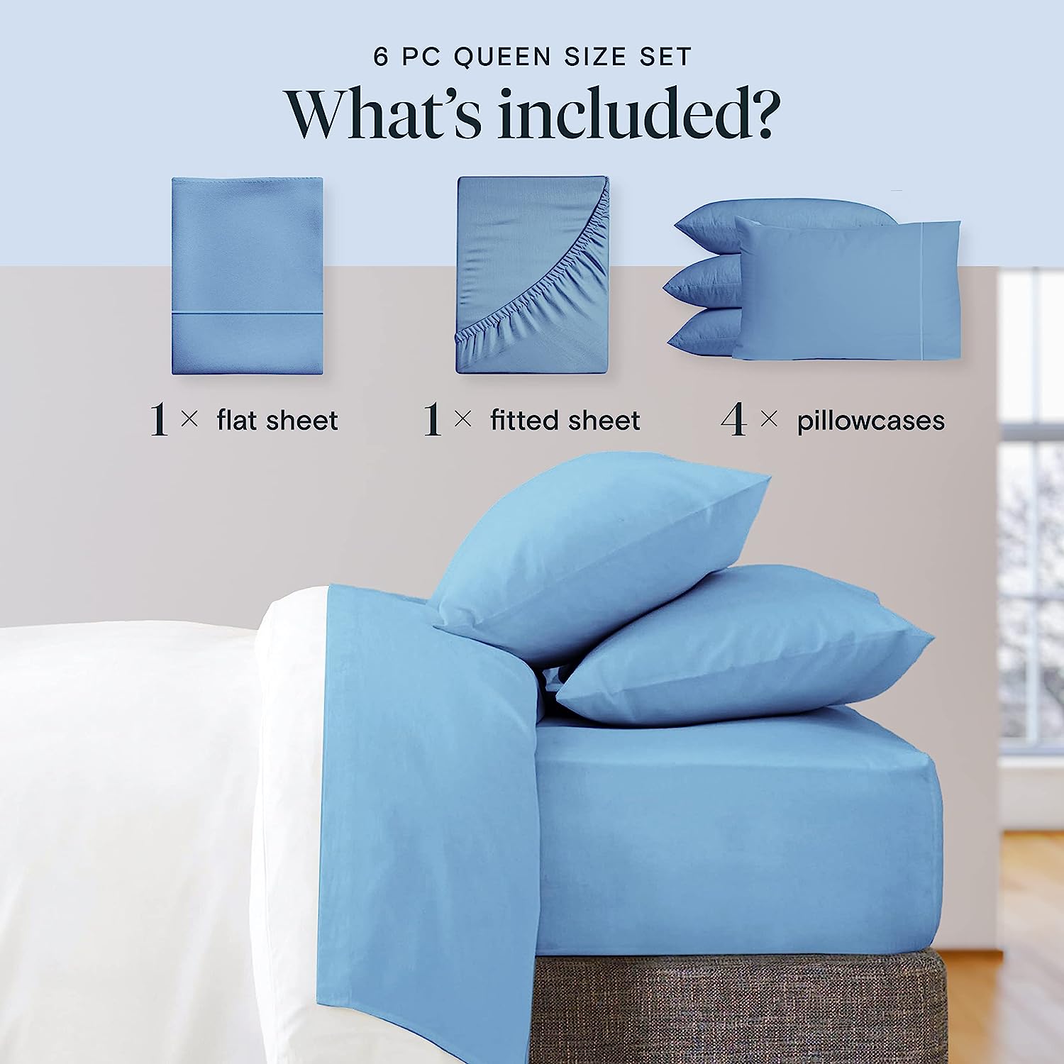 LuxClub 6 PC Queen Sheet Set Bamboo Sheets Deep Pockets 18" Eco Friendly Wrinkle Free Cooling Sheets Machine Washable Hotel Bedding Silky Soft - Light Blue Queen