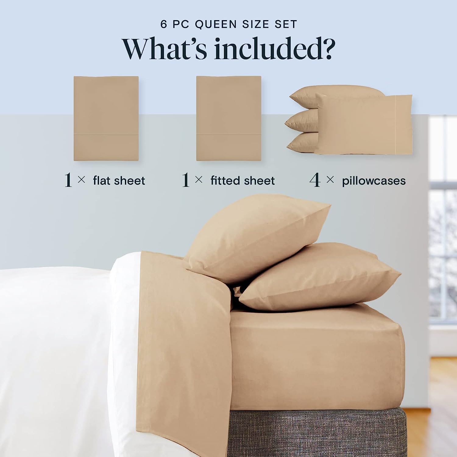 LuxClub 6 PC King Size Sheet Set Bamboo Sheets Deep Pockets 18" Eco Friendly Wrinkle Free Cooling Sheets Machine Washable Hotel Bedding Silky Soft - Light Khaki King