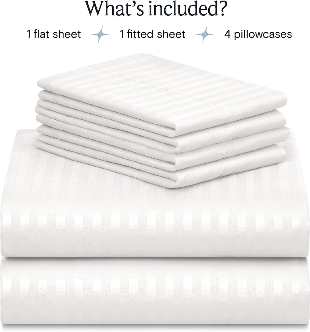 LuxClub King Size Striped Sheets Set, 6 PC Striped Bed Sheets, Deep Pockets 18" Eco Friendly Wrinkle Free Cooling Sheets Machine Washable Hotel Bedding Silky Soft (King, Striped White)