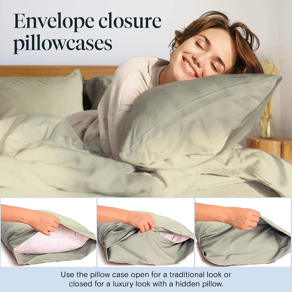 LuxClub 7 PC Split King Sheet Set Bamboo Sheets Deep Pockets 18" Eco Friendly Wrinkle Free Cooling Sheets Machine Washable Hotel Bedding Silky Soft - Light Taupe Split King
