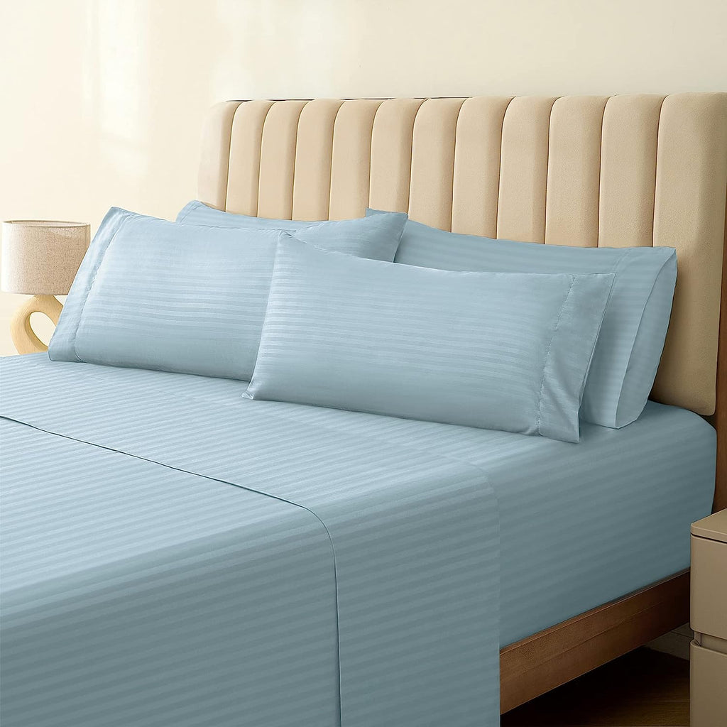 LuxClub Striped Sheets Set, 6 PC Striped Bed Sheets Full Size, Deep Pockets 18" Eco Friendly Wrinkle Free Cooling Sheets Machine Washable Hotel Bedding Silky Soft (Full, Striped Light Blue)