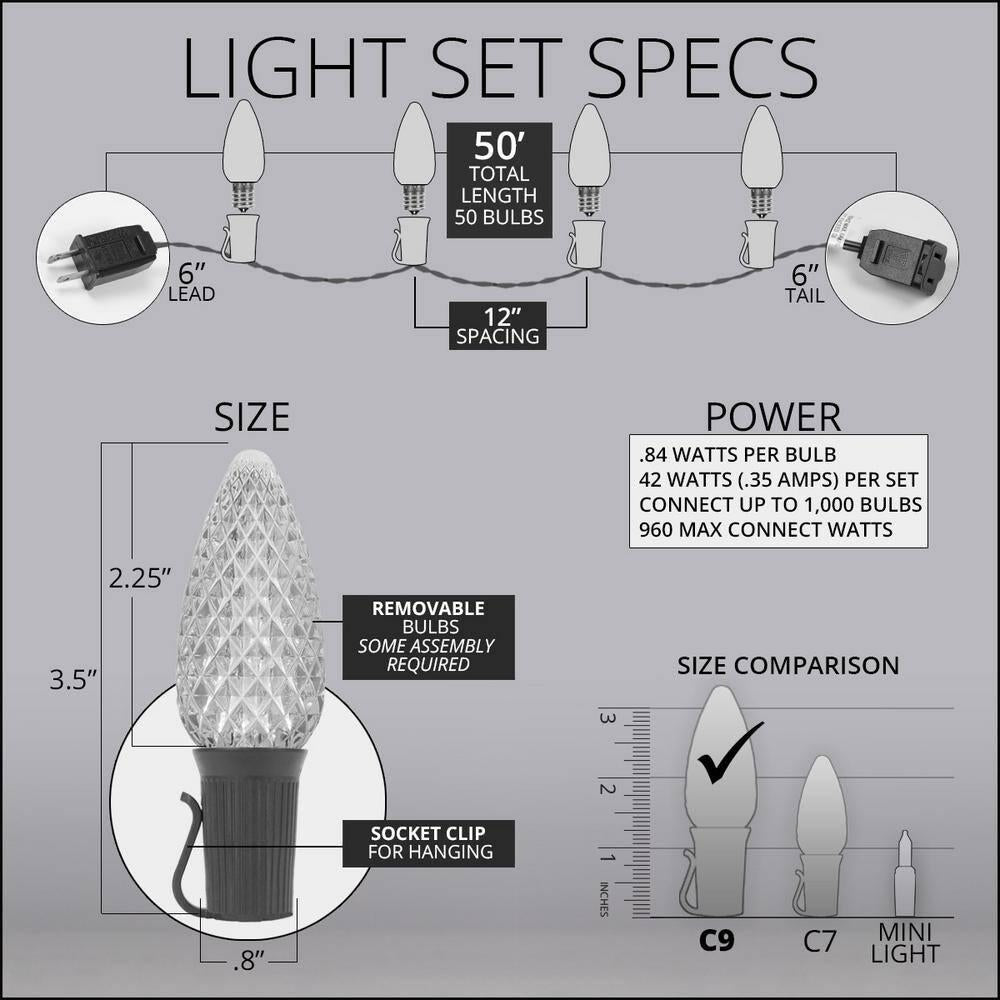 OptiCore 49 ft. 50-Light LED Red and Cool White Faceted C9 String Light Set