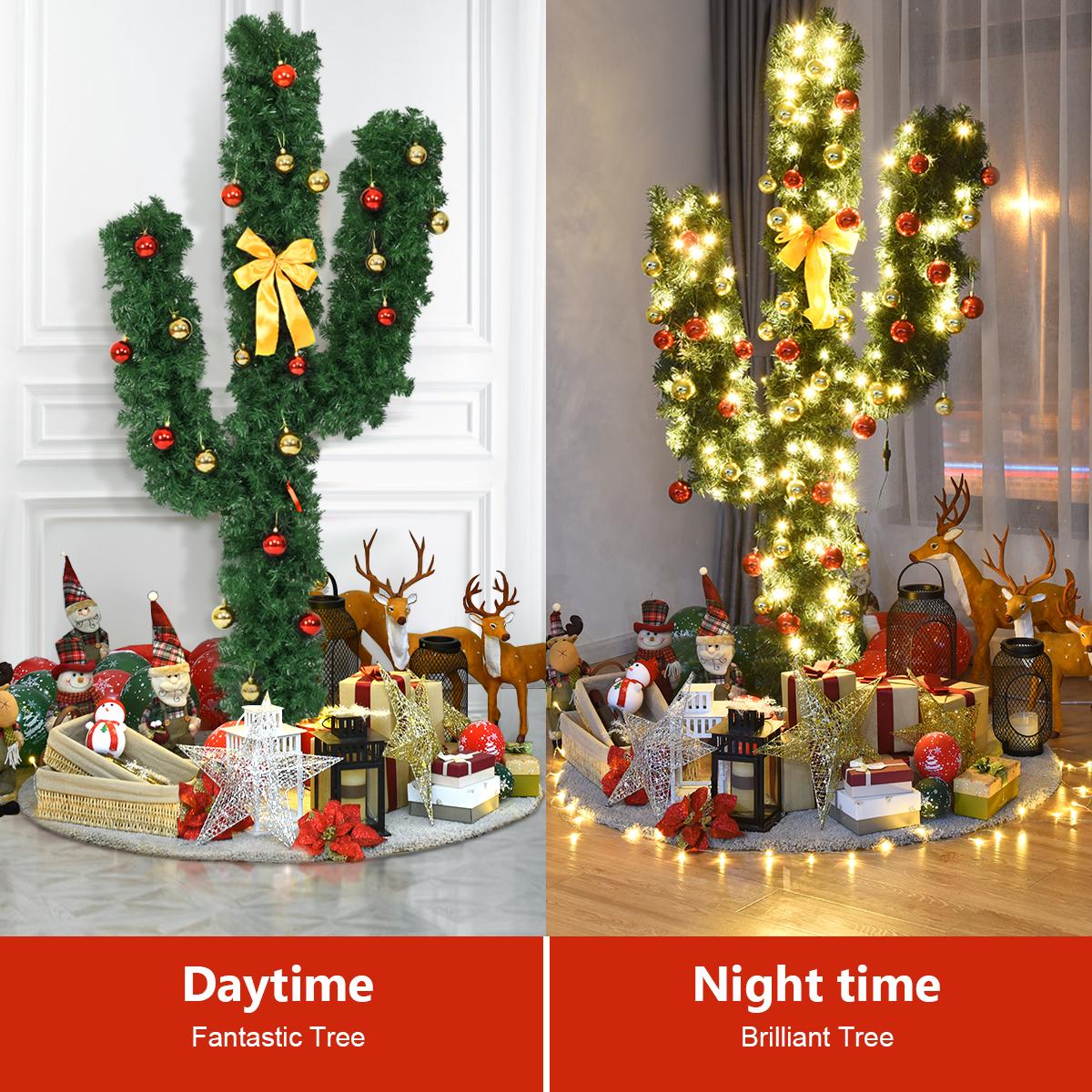 Costway Pre-Lit Cactus Christmas Tree 7Ft LED Lights Ball Ornaments