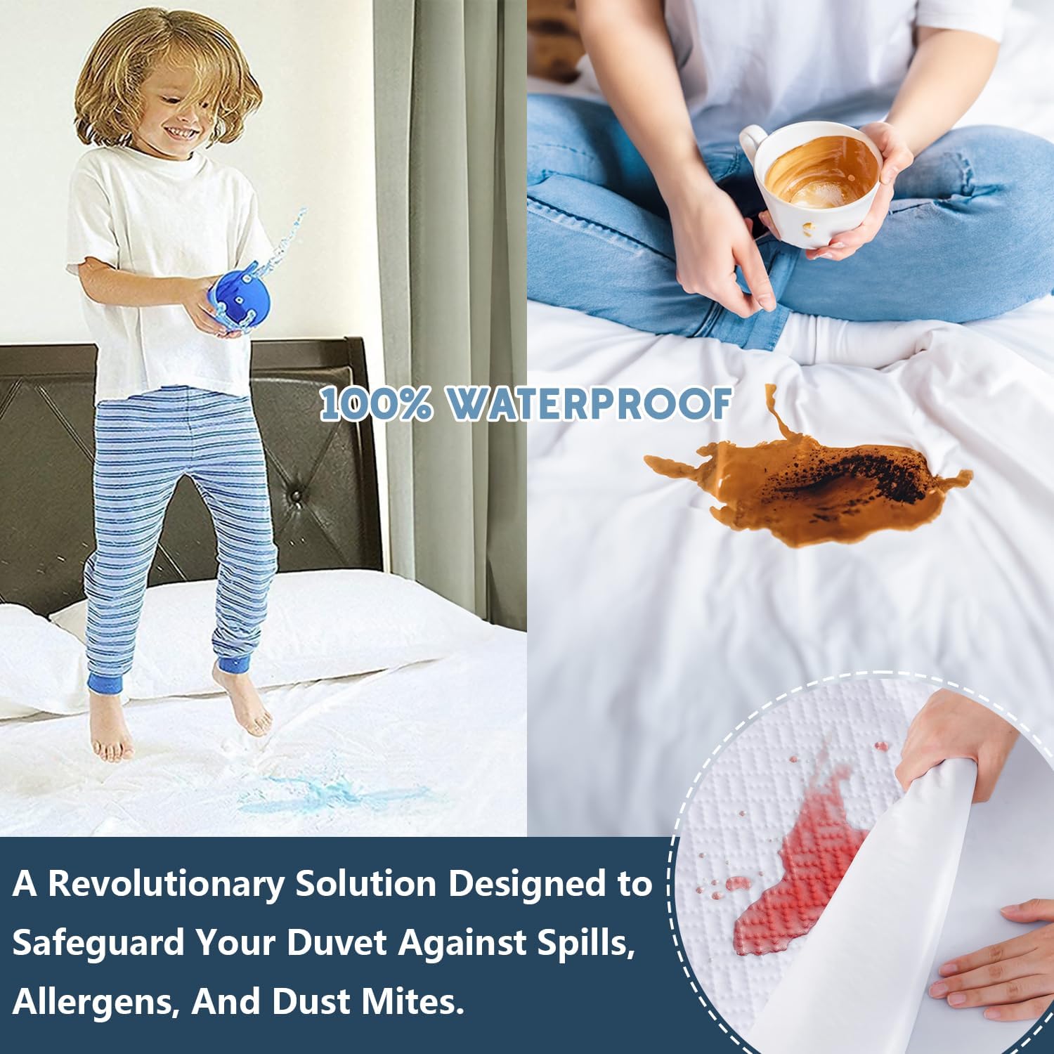 Waterproof Duvet Cover - Incontinence Comforter Protector Bedding King Size Washable Moisture Wicking- Waterproof Duvet Protector with Corner Ties - Ideal for Kids, Elderly, Dog, Cat Pet Owner