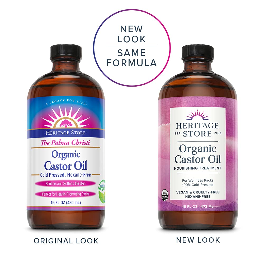 Heritage Store Organic Castor Oil, Nourishing Hair Treatment, Deep Hydration for Healthy Hair Care, Skin Care, Eyelashes &amp; Brows, Castor Oil Packs, Cold Pressed, Hexane Free, Vegan, Cruelty Free, Glass Bottle, 16oz
