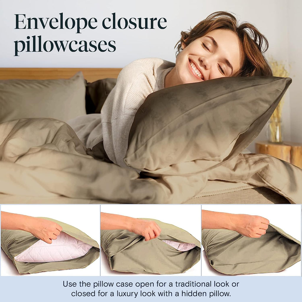LuxClub 7 PC Split King Sheet Set Bamboo Sheets Deep Pockets 18" Eco Friendly Wrinkle Free Cooling Sheets Machine Washable Hotel Bedding Silky Soft - Taupe Split King