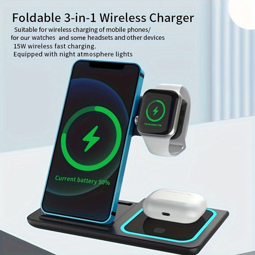 3 In 1 Fast Charging Station, Folding Wireless Charger Stand For  14,13,12,11/Pro/Max/Mini/Plus, X, XR, XS/Max, SE, 8/Plus, For IWatch 1-8, For Airpods 3/2/Pro