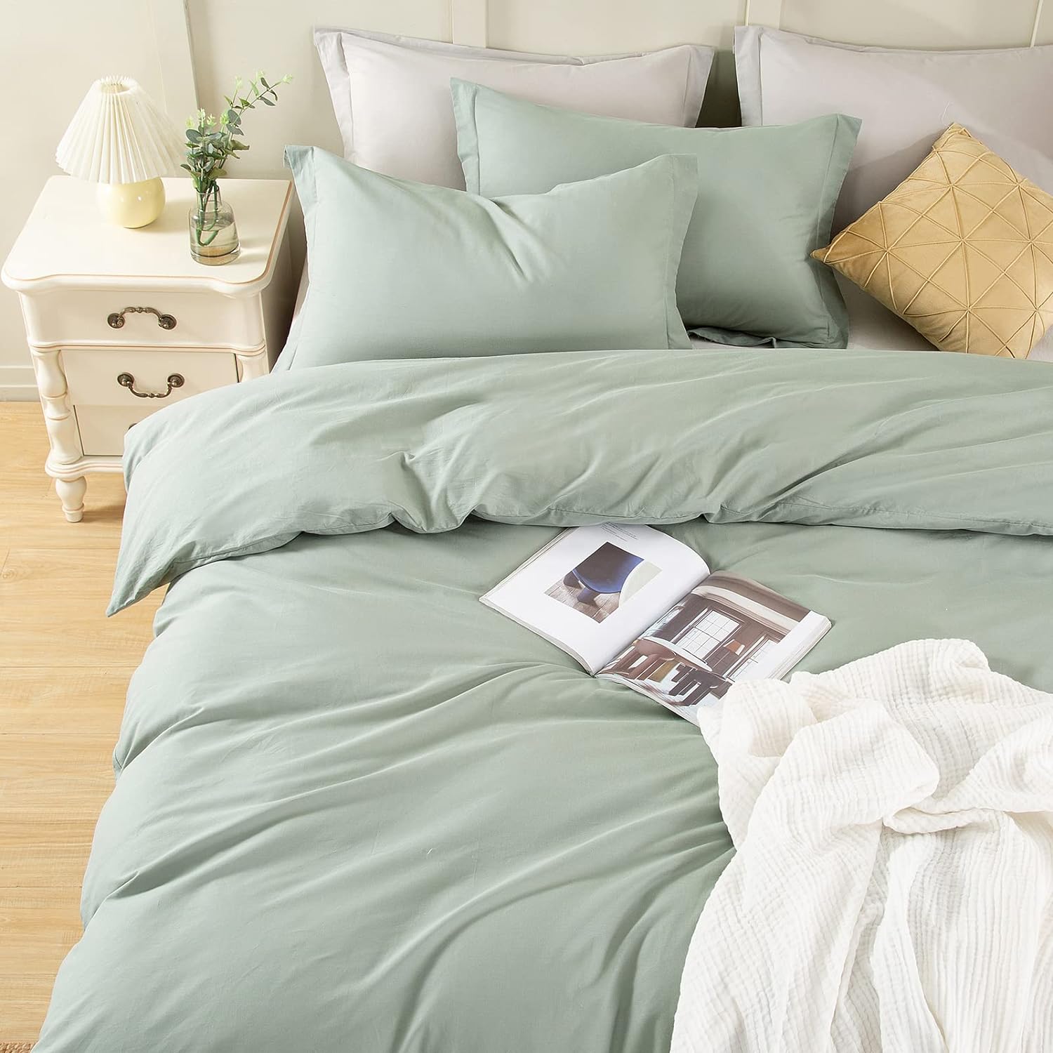 EMME Cotton Twin Duvet Cover Sage Green 2-Piece Soft Cotton Twin XL Comforter Cover Bedding Collection Solid Color Button Closure &amp; Corner Ties (Green, Twin/Twin XL)
